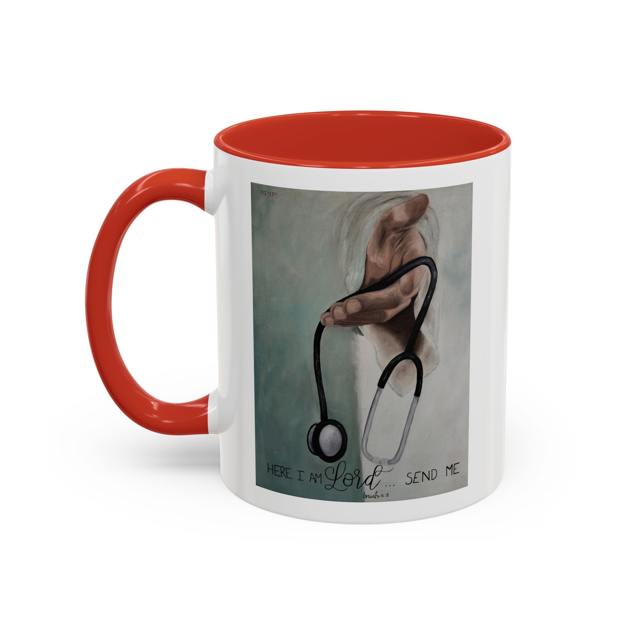 Stethoscope & Hand Coffee Mug — "Here I Am Lord, Send Me" Inspirational Healthcare Mug