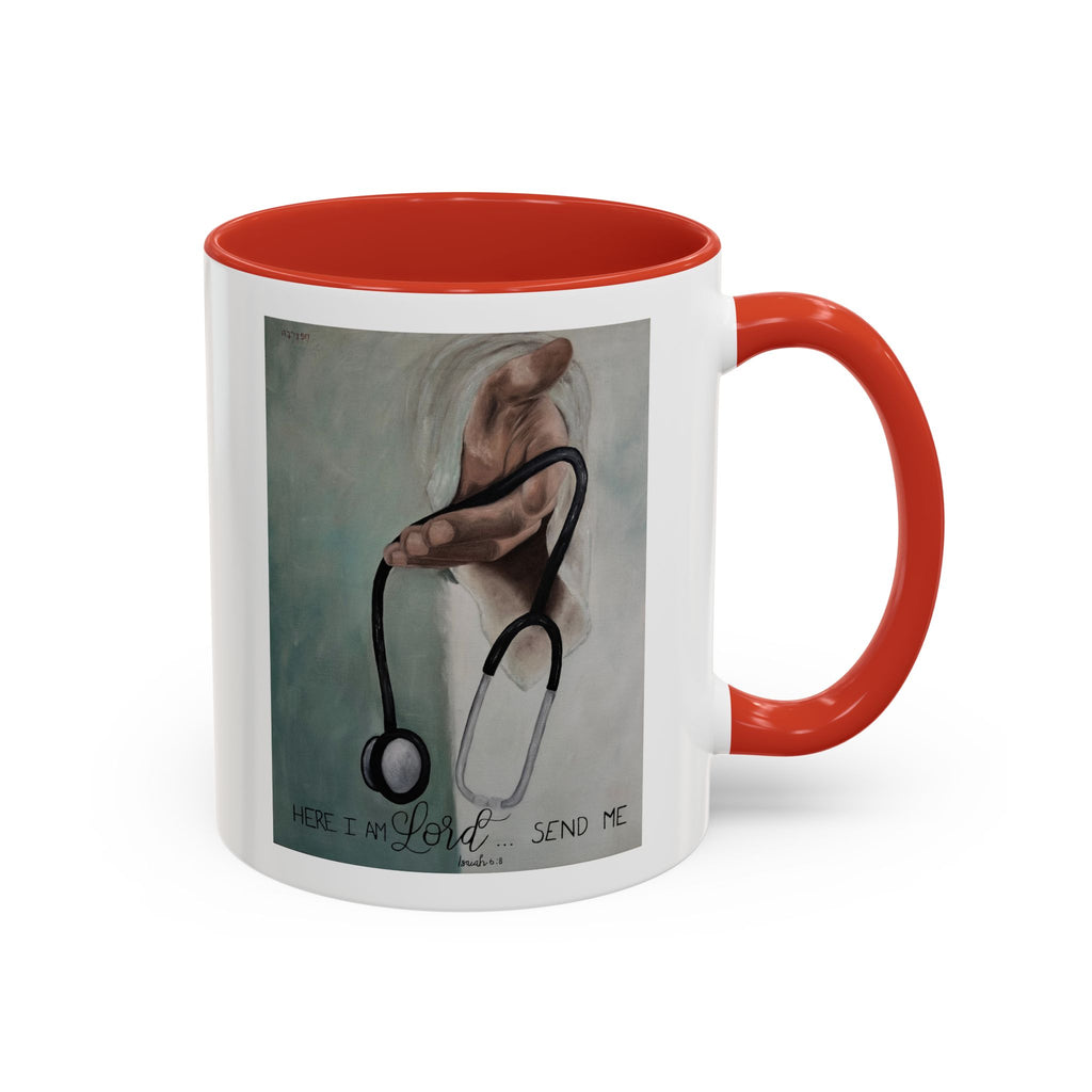 Stethoscope & Hand Coffee Mug — "Here I Am Lord, Send Me" Inspirational Healthcare Mug