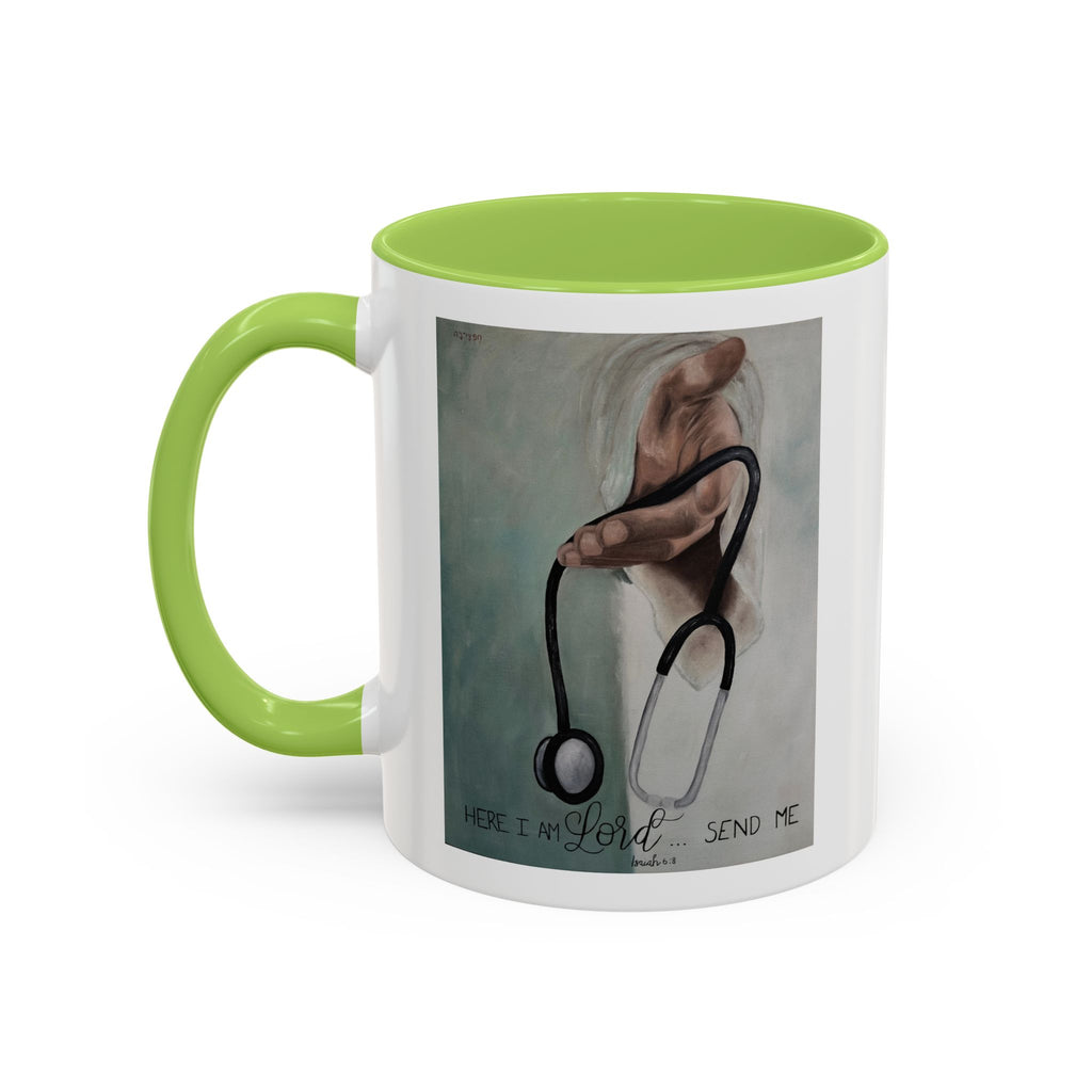 Stethoscope & Hand Coffee Mug — "Here I Am Lord, Send Me" Inspirational Healthcare Mug