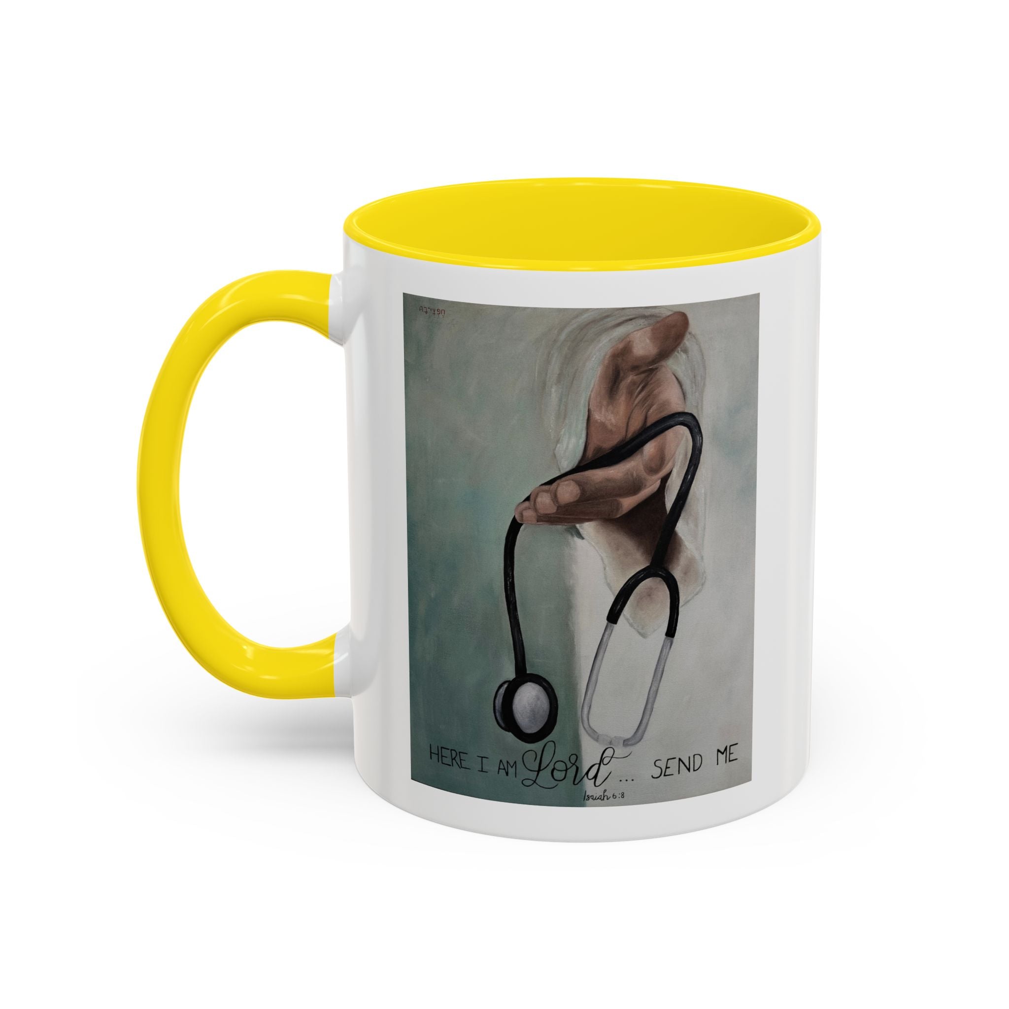 Stethoscope & Hand Coffee Mug — "Here I Am Lord, Send Me" Inspirational Healthcare Mug
