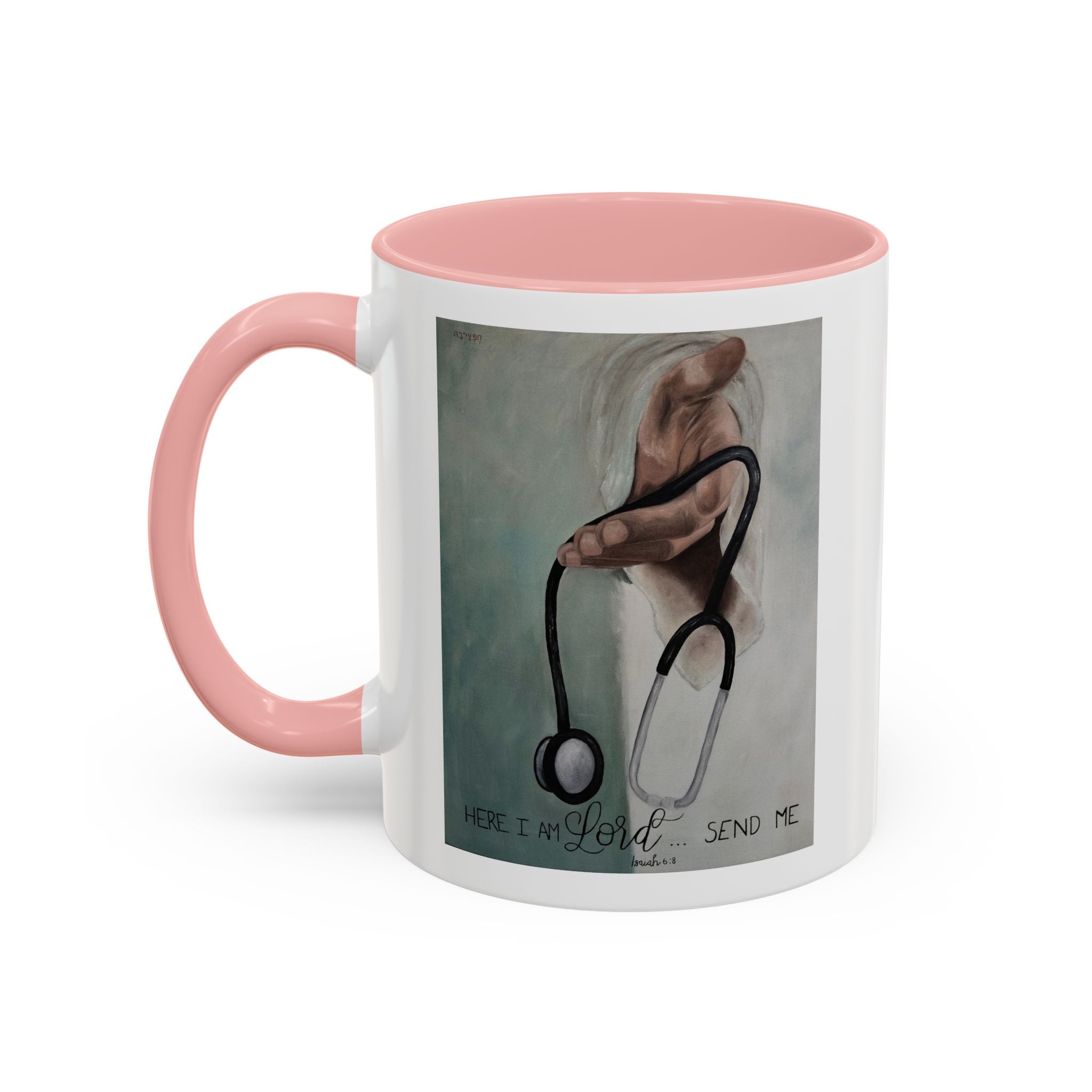 Stethoscope & Hand Coffee Mug — "Here I Am Lord, Send Me" Inspirational Healthcare Mug
