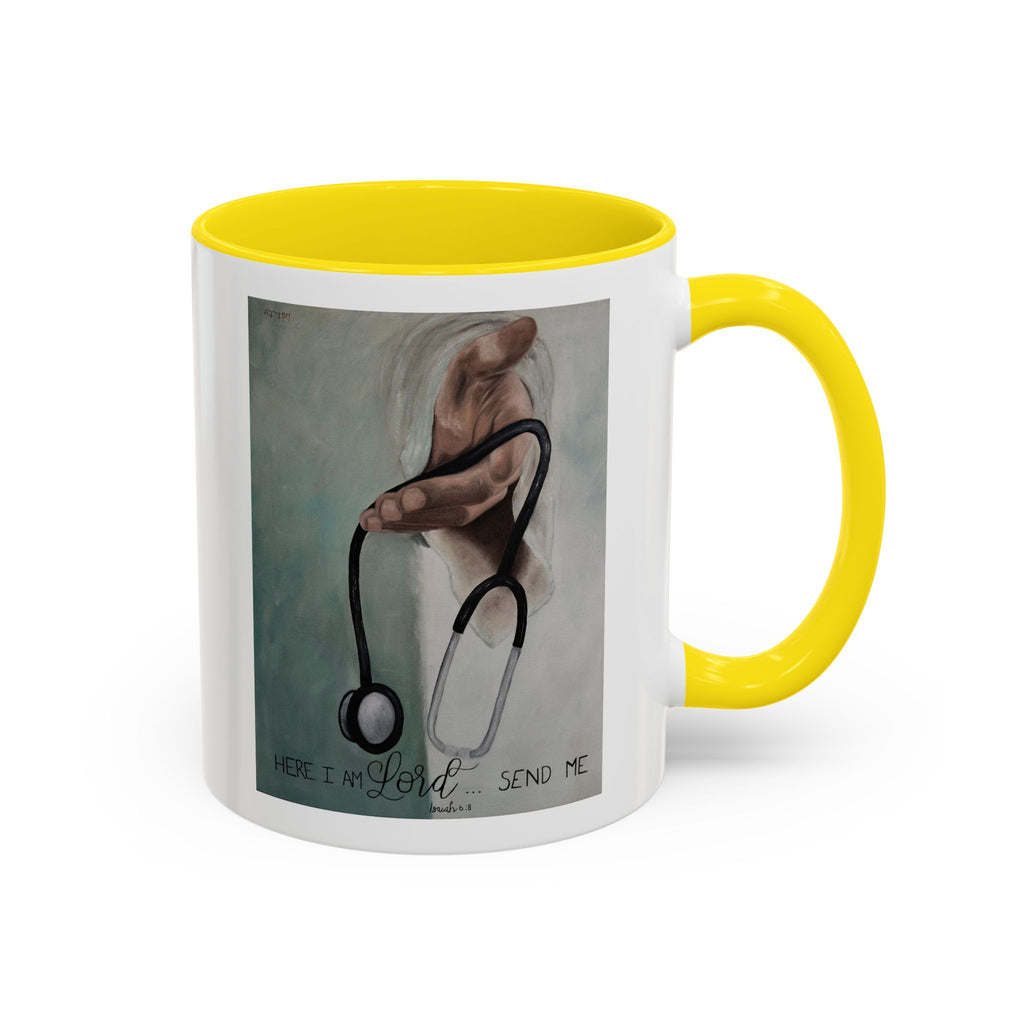 Stethoscope & Hand Coffee Mug — "Here I Am Lord, Send Me" Inspirational Healthcare Mug