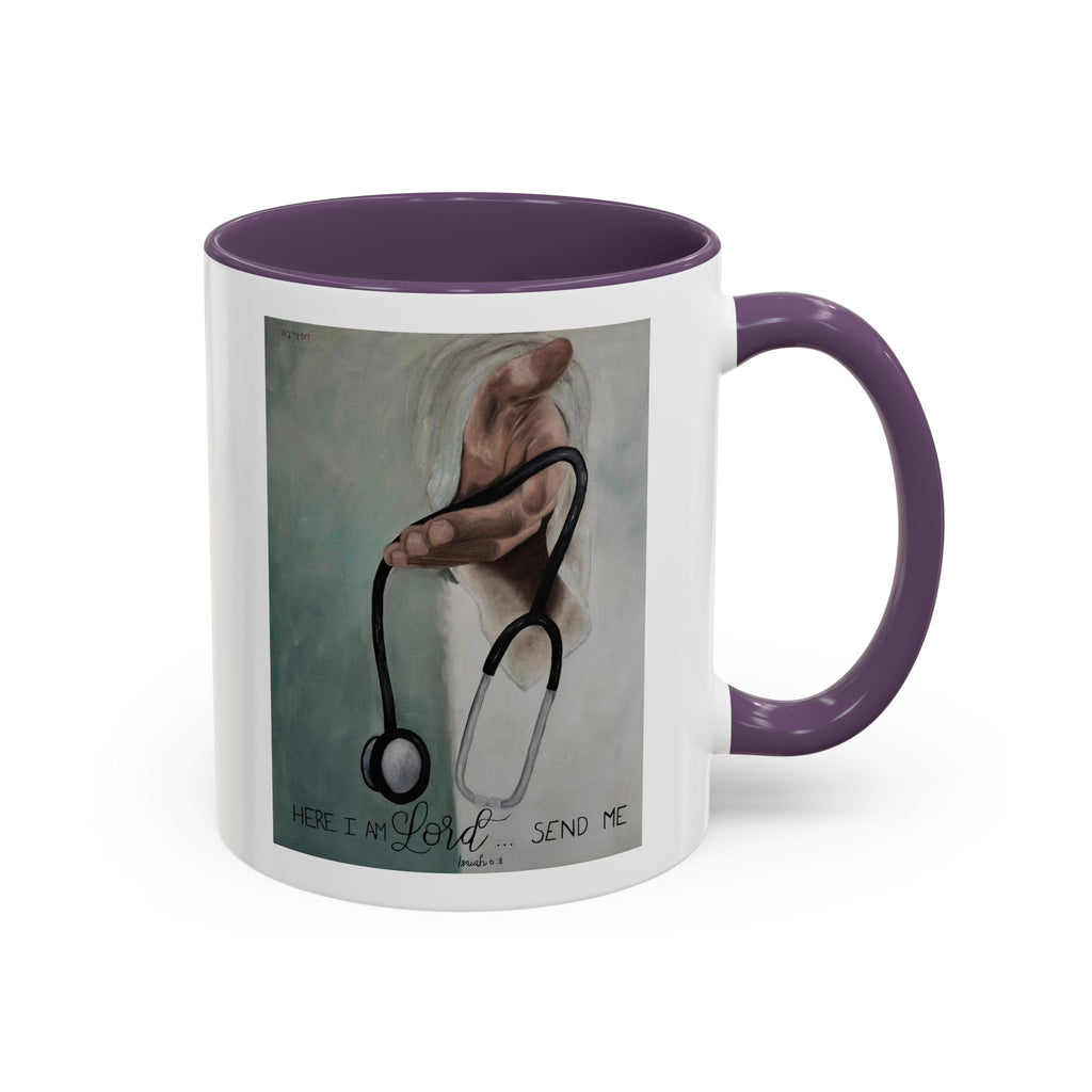 Stethoscope & Hand Coffee Mug — "Here I Am Lord, Send Me" Inspirational Healthcare Mug