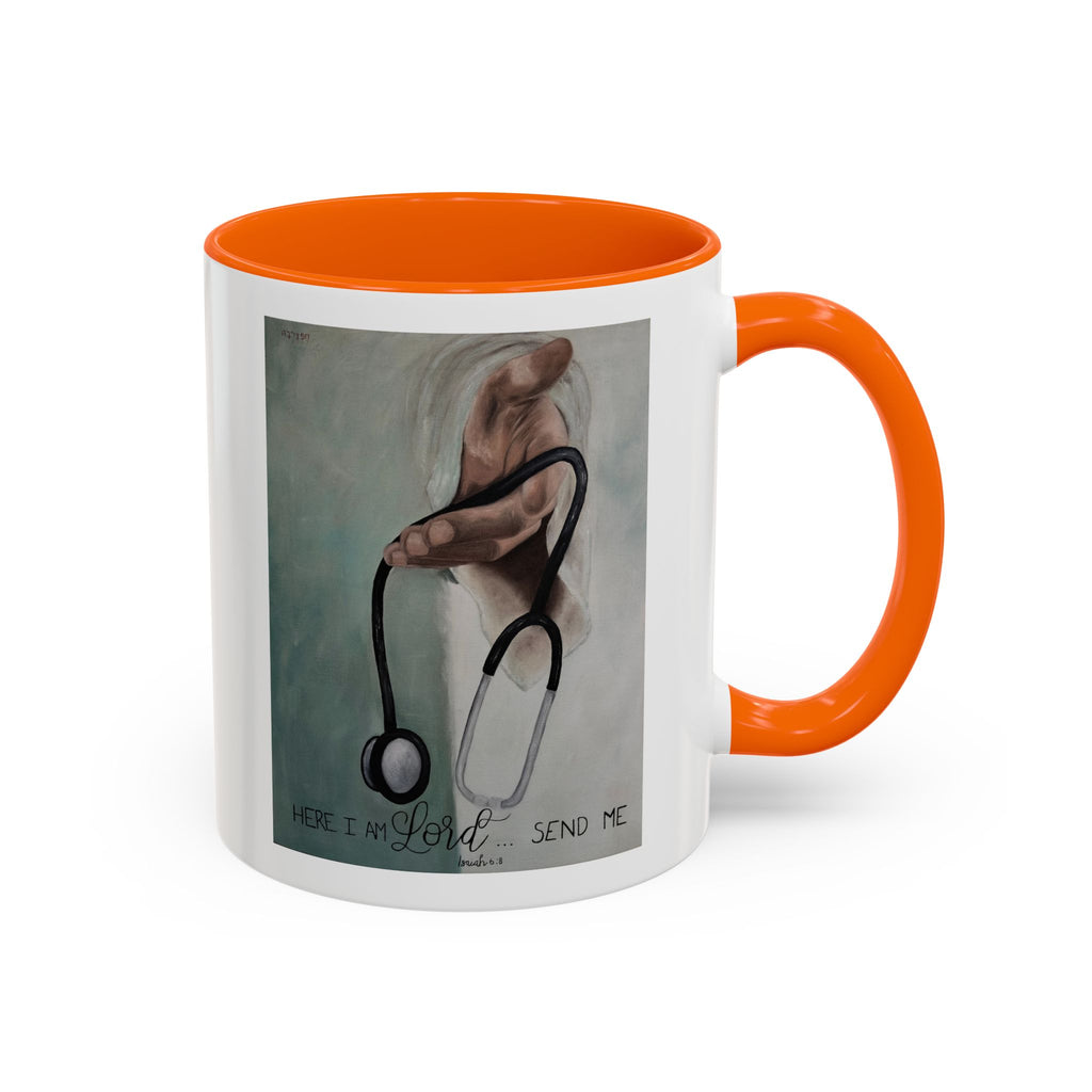 Stethoscope & Hand Coffee Mug — "Here I Am Lord, Send Me" Inspirational Healthcare Mug