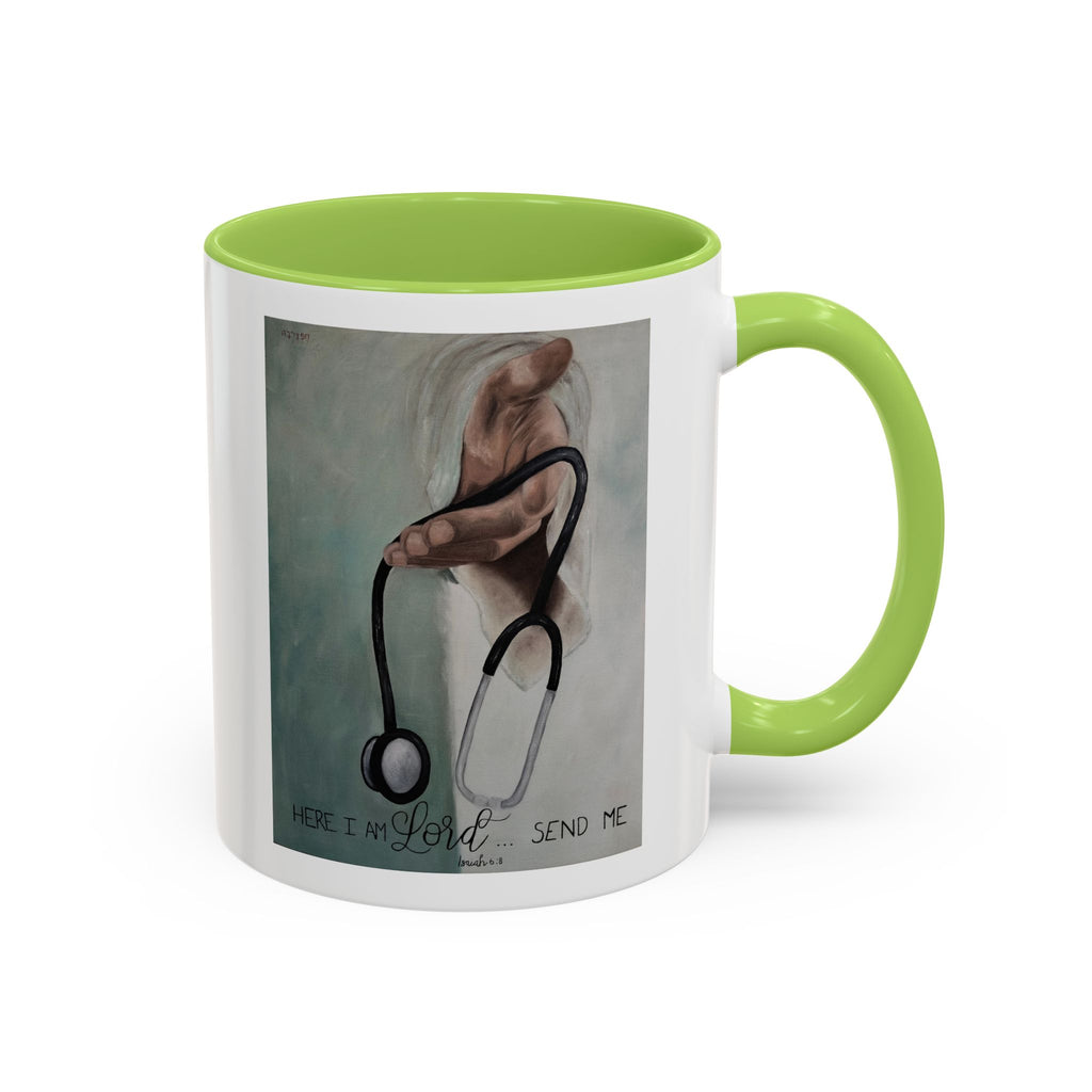 Stethoscope & Hand Coffee Mug — "Here I Am Lord, Send Me" Inspirational Healthcare Mug