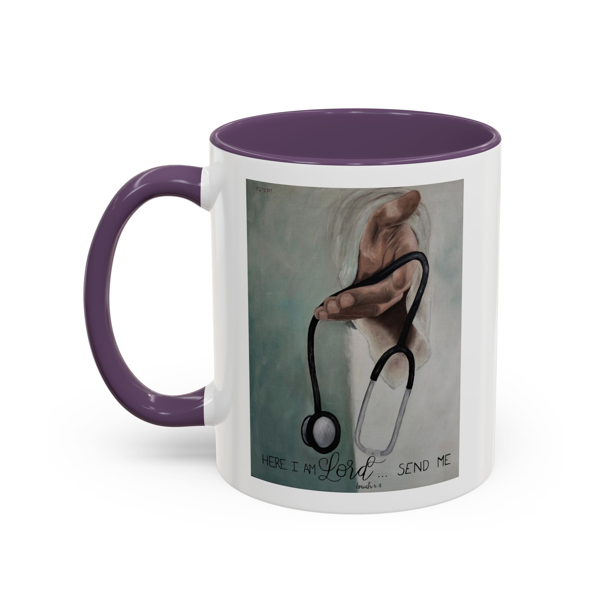 Stethoscope & Hand Coffee Mug — "Here I Am Lord, Send Me" Inspirational Healthcare Mug