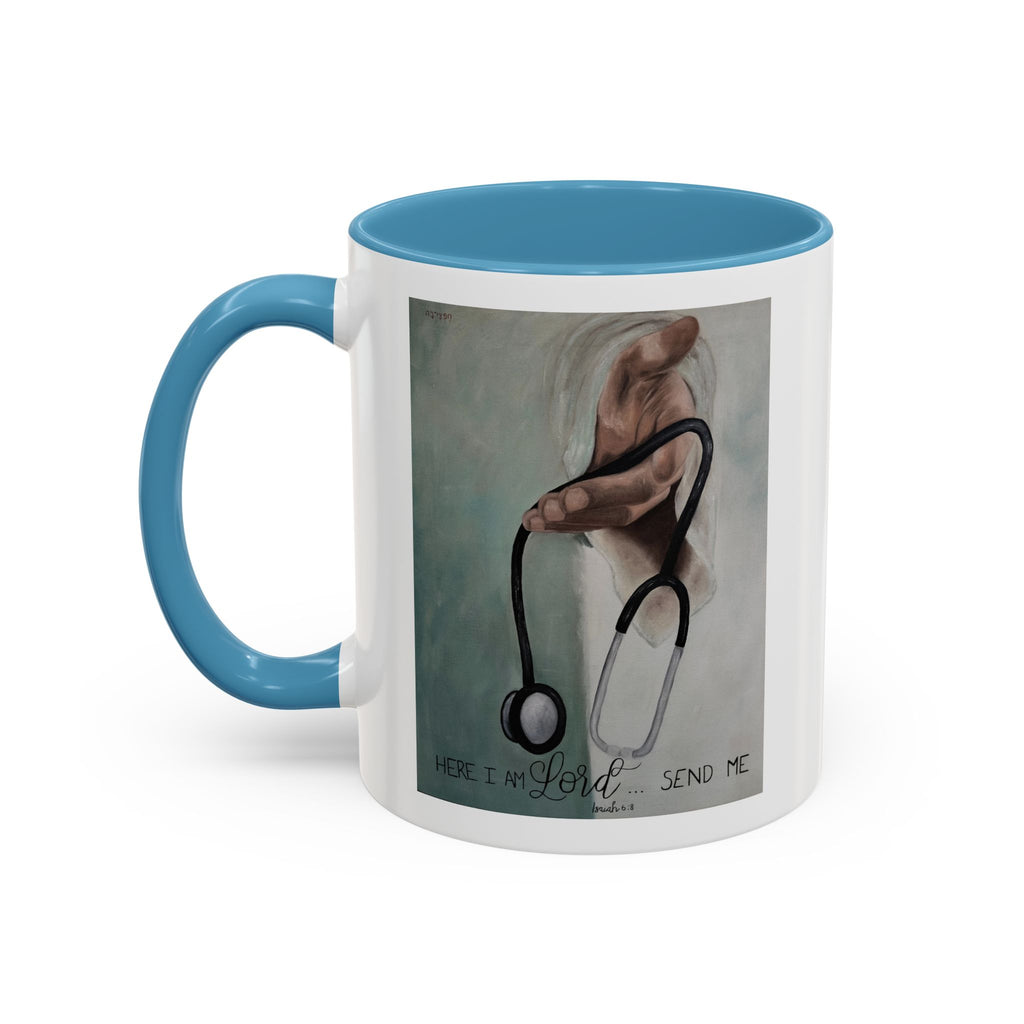 Stethoscope & Hand Coffee Mug — "Here I Am Lord, Send Me" Inspirational Healthcare Mug