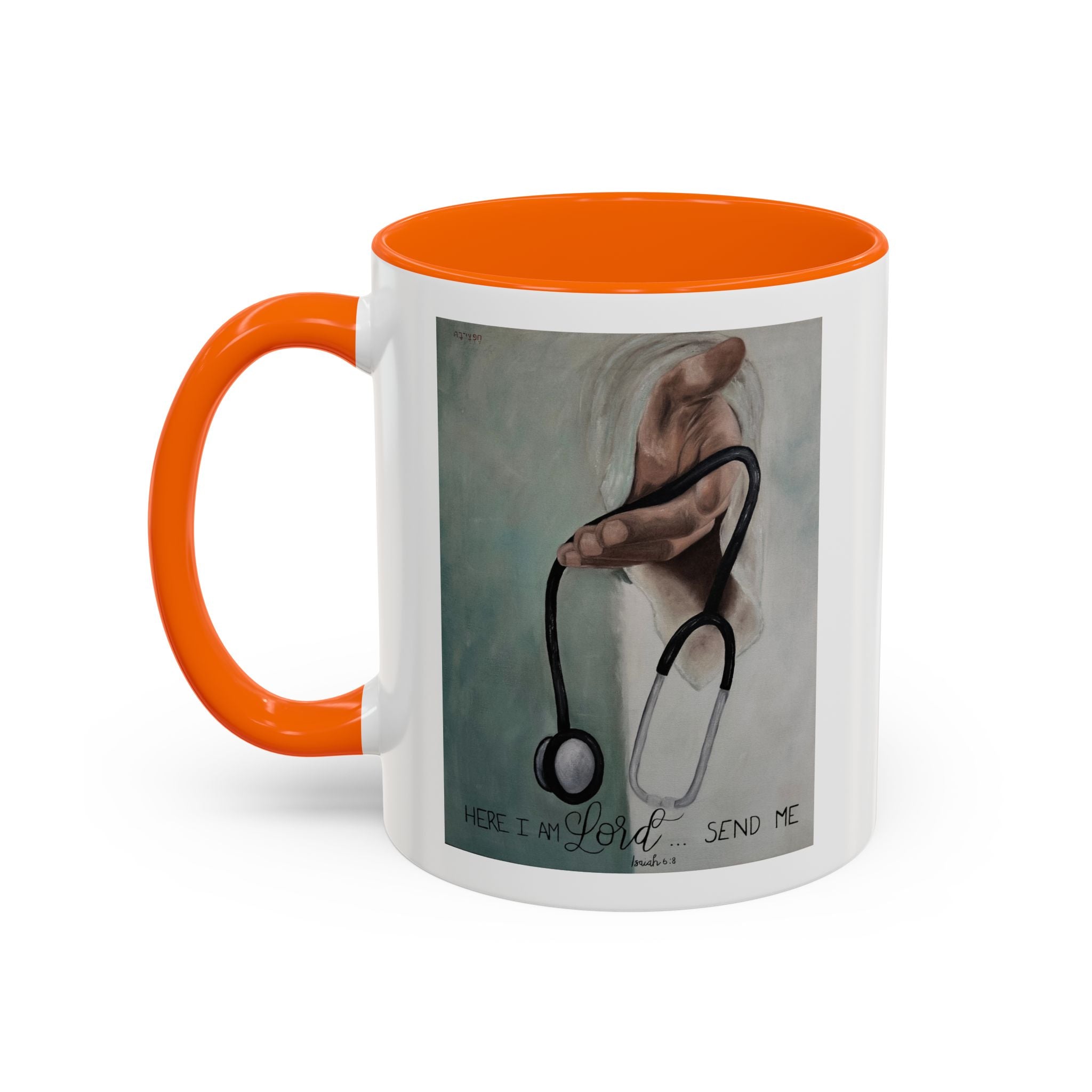Stethoscope & Hand Coffee Mug — "Here I Am Lord, Send Me" Inspirational Healthcare Mug