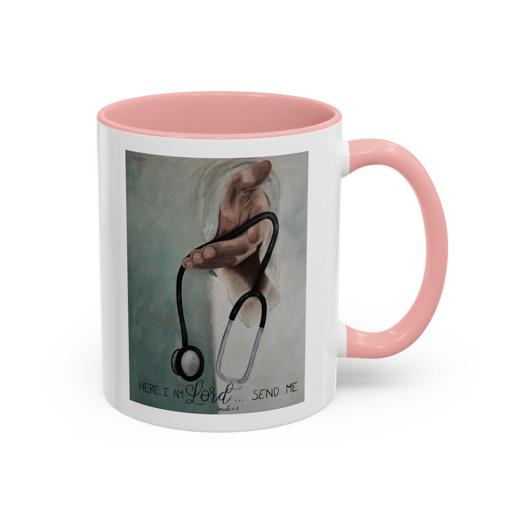 Stethoscope & Hand Coffee Mug — "Here I Am Lord, Send Me" Inspirational Healthcare Mug